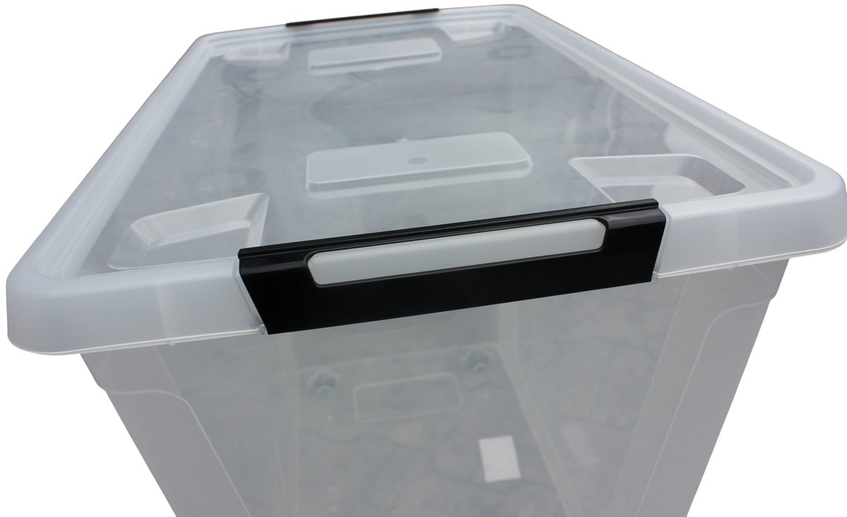 Cetomo 80L x 4 plastic opbergdoos, transparant, draagtas, organiserende container met duurzaam groen deksel en veilige vergrendelende gespen, stapelbaar en nestbaar, 4 stuks, met gesp