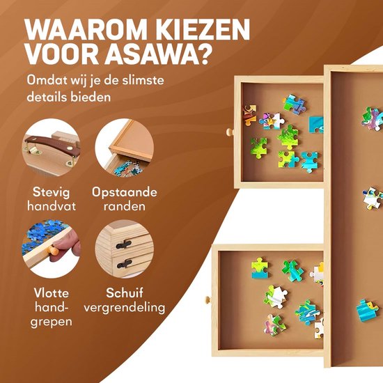 Asawa Puzzelbord Opvouwbaar - Puzzeltafel met Opbergsysteem - 1500 Stukjes - 92x68 cm - 4 Lades - Houten Puzzelplaat - Puzzelmat - Puzzelmap - Portapuzzle