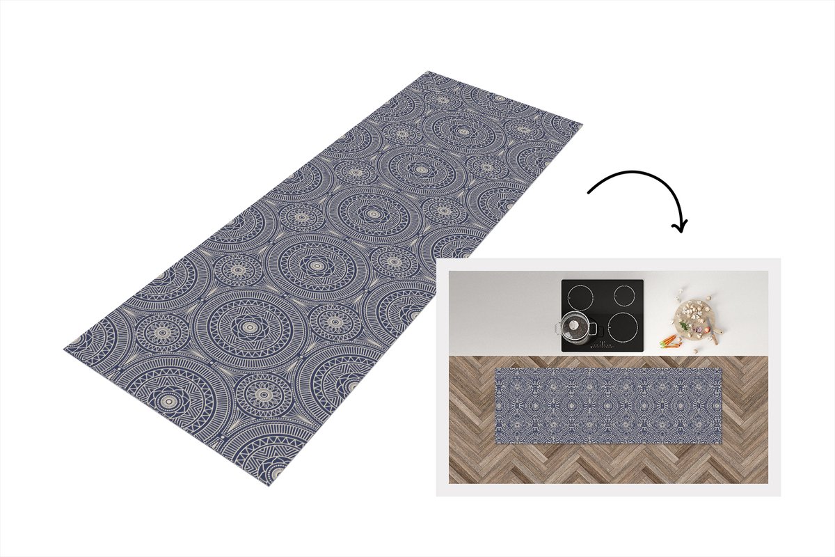 KitchenYeah Keukenloper 150x50 cm - Keukenmat vinyl Mandala - Blauw - Patroon - Abstract - Keukenmatten loper - Keuken vloerkleed tapijt Mandala - Abstract