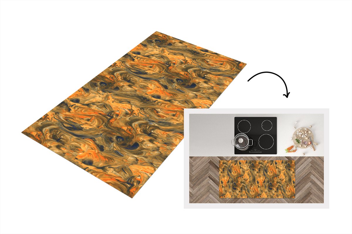 KitchenYeah Keukenloper 120x60 cm - Keukenmat vinyl Verf - Bruin - Oranje - Marmer print - Design - Keukenmatten loper - Keuken vloerkleed tapijt