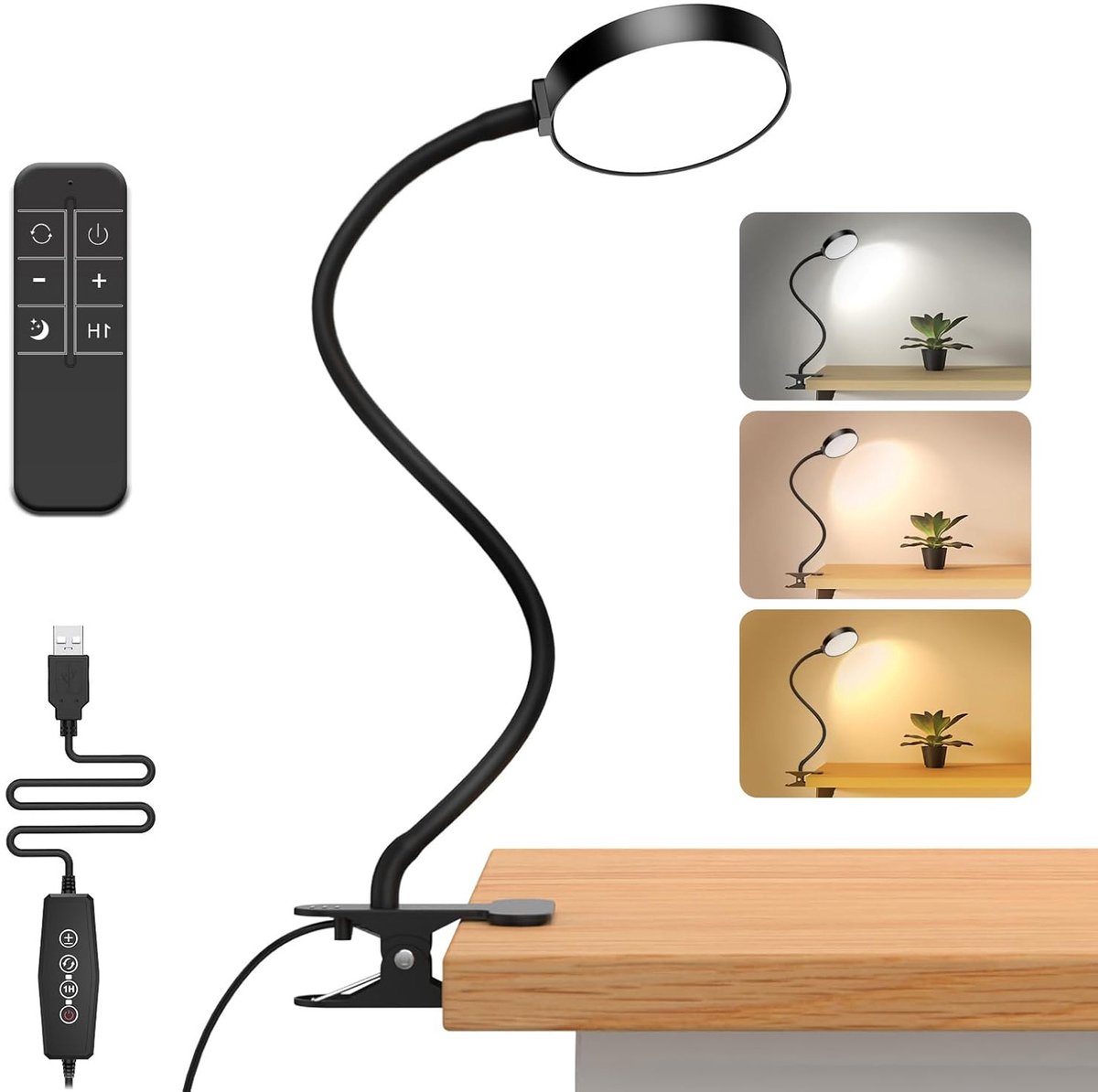 Rosnek Bureaulamp - 5W Leeslamp met Afstandsbediening Timing - 5 Dimniveaus & 3 Kleurtemperaturen Bureaulamp (3000-6000K) - Flexibele zwanenhalslamp Bureaulamp LED Dimbaar - Lampkop Diameter 9 cm Tafel, Bureau en Nachtkastje