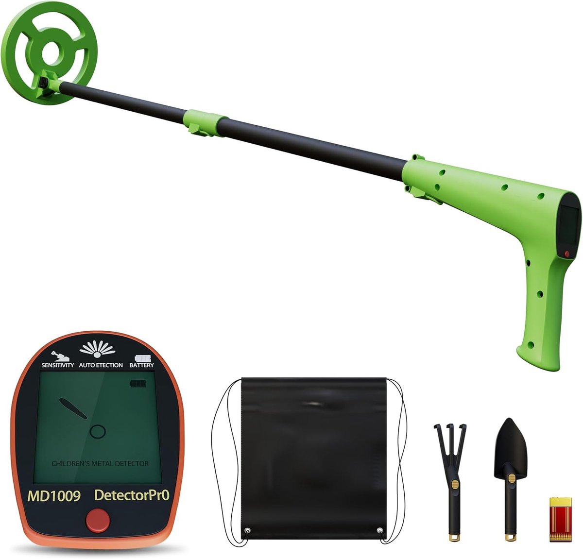 Aufun Metaaldetector voor kinderen - kinderdetector - verstelbaar - waterdicht - handheld detector met LCD-scherm en zoekspoel - gouddetector met schephark - groen