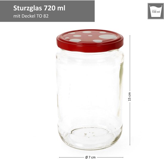 MamboCat set van 12 inmaakpotten, 720 ml, deksel rood wit geruit, Twist-Off to 82 I ronde- / inmaakpotten I voorraadpot I gratis receptenboekje I glazen container voor het opbergen