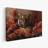 FineArtia - Rustende tijger in bloemenveld - Canvas Schilderij - 150 x 100 cm - Woonkamer Decoratie - Bruin;Zwart - Slaapkamer Schilderij - Wanddecoratie