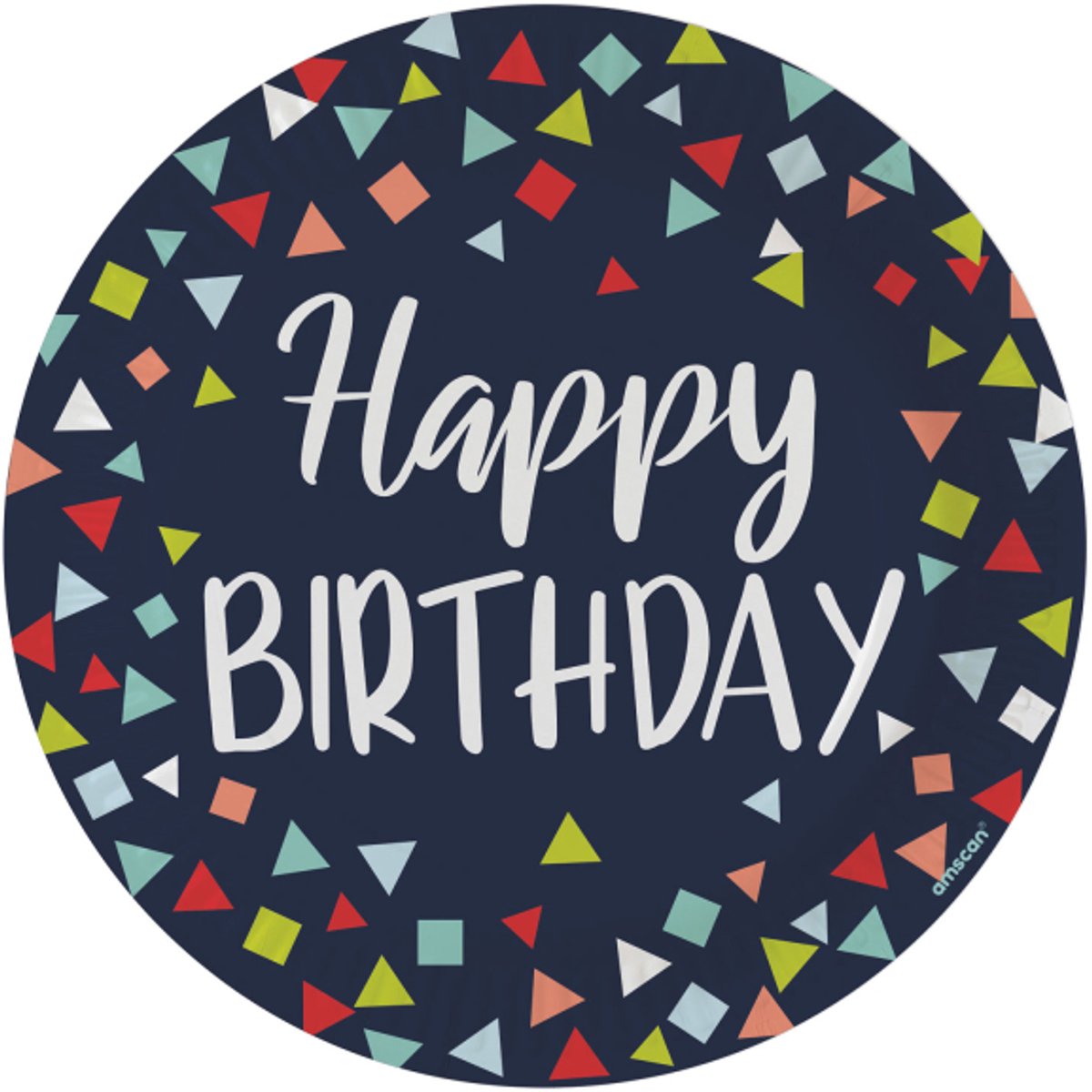 Set 8 kartonnen verjaardags FSC bordjes 23cm "Happy Birthday", navy blauw met confetti