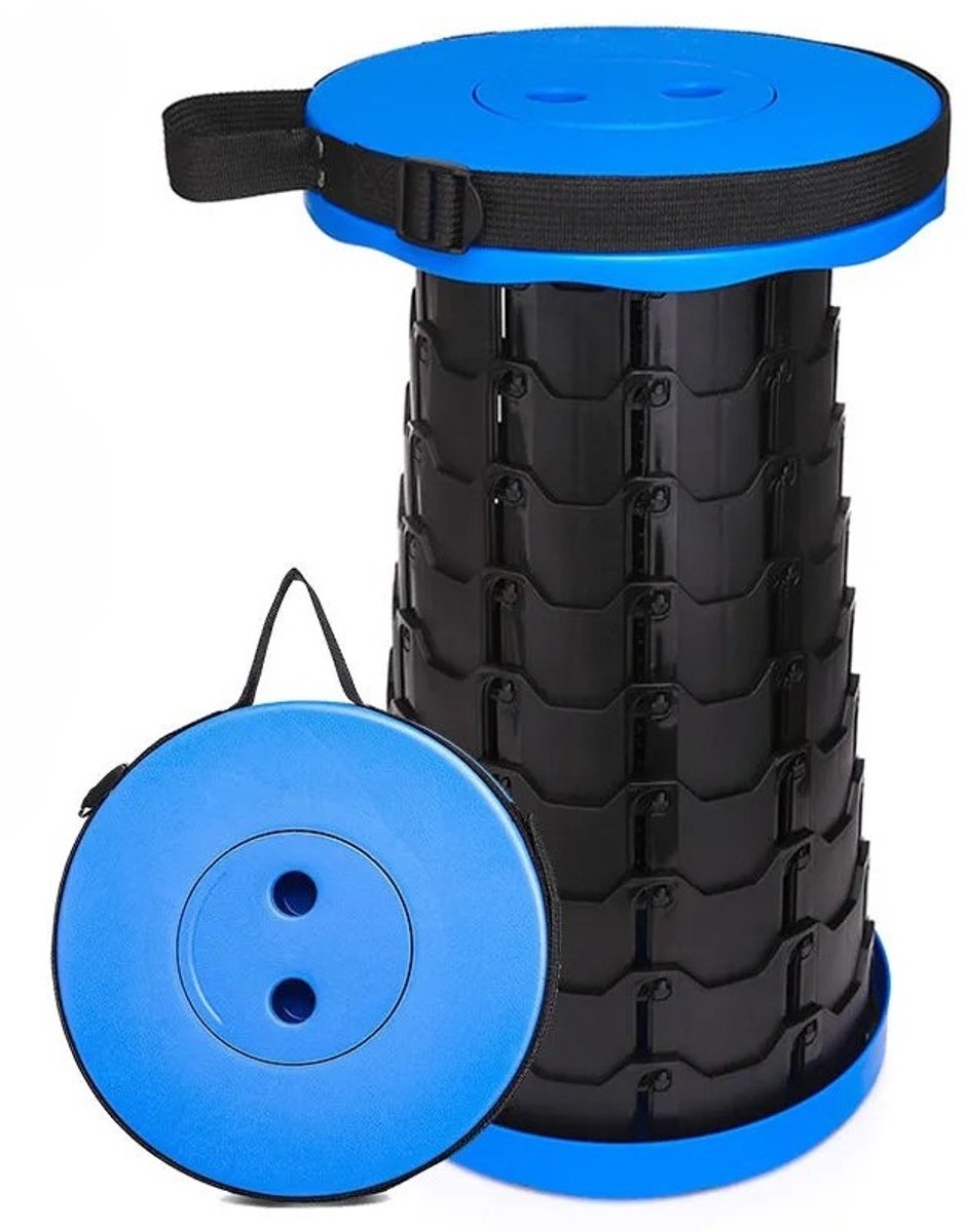 Opvouwbare kruk – Festival stoel - Inklapbaar kruk - Festival kruk - Kamperen - Uitschuifbare kruk - Portable camping - Draagbare zitkrukje - Voetensteun - Tot 45cm - Blauw