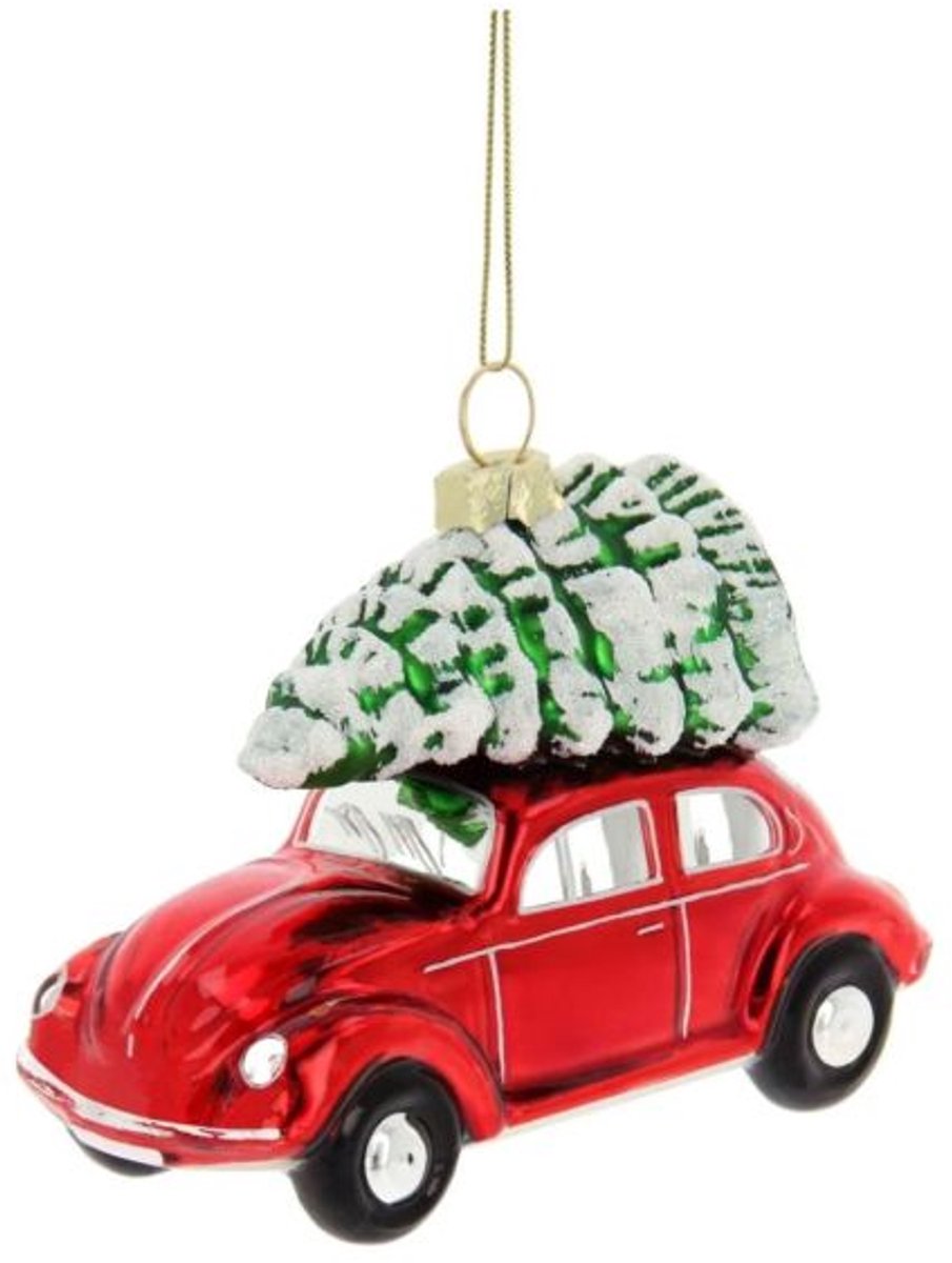 Volkswagen Rode Beetle met Boom - Glas Ornament