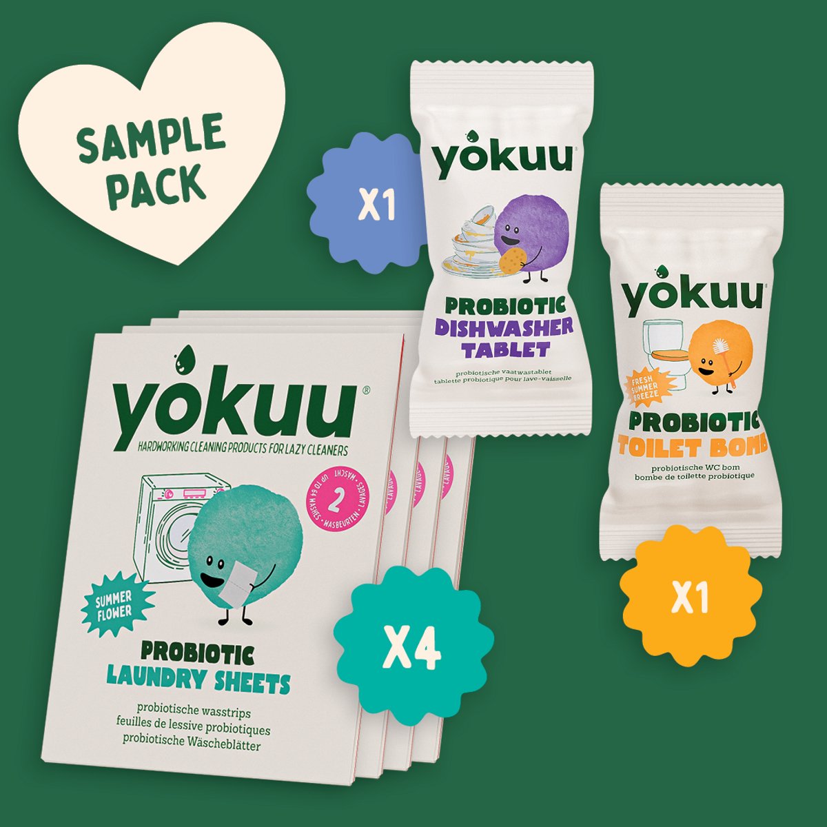 YOKUU - Wasstrips Proefpakket + 1 X Toiletbomb en 1 X Vaatwas tablet - 8 Probiotische Wasdoekjes