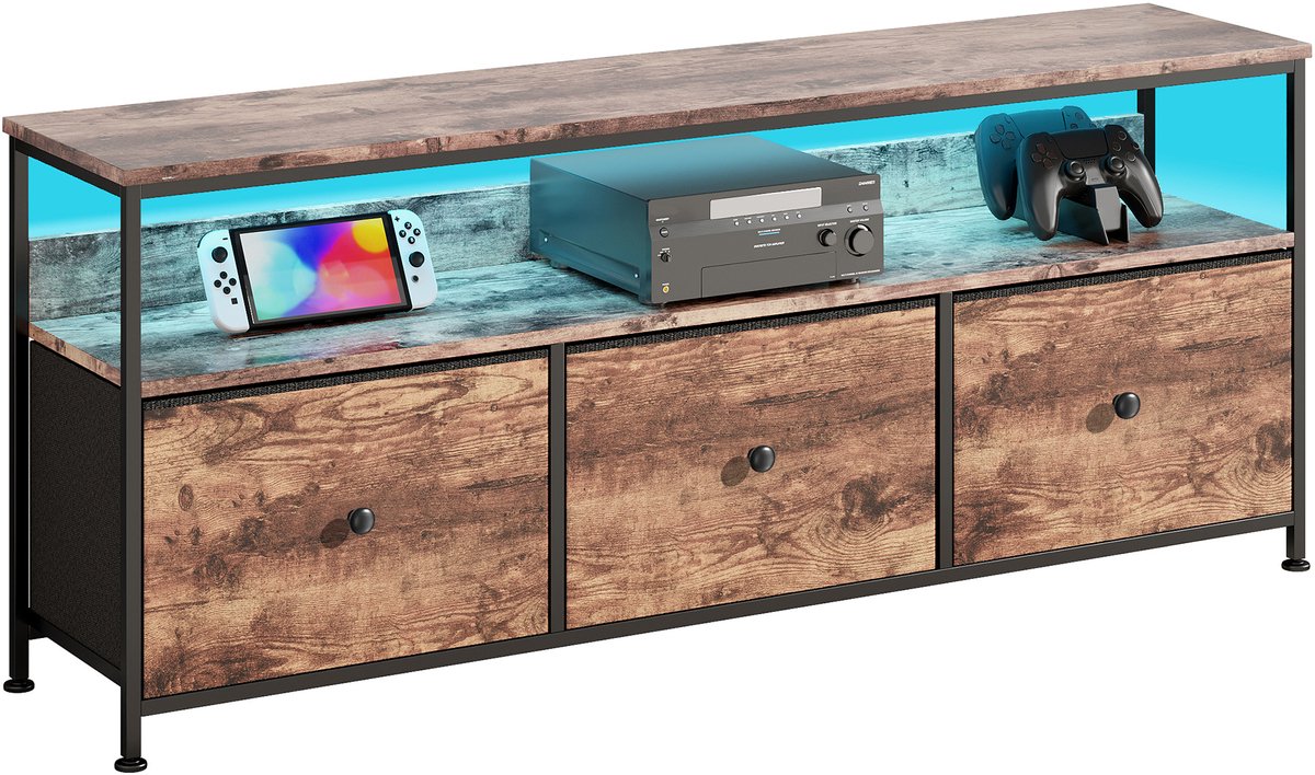 LED TV-standaard met 3 laden, Kleine TV-kast met opbergruimte, TV-bankje, Tv meubel, Stoffen ladekast voor de woonkamer Slaapkamer Hal Rustiek, 108x30x57cm, Bruin Rustiek