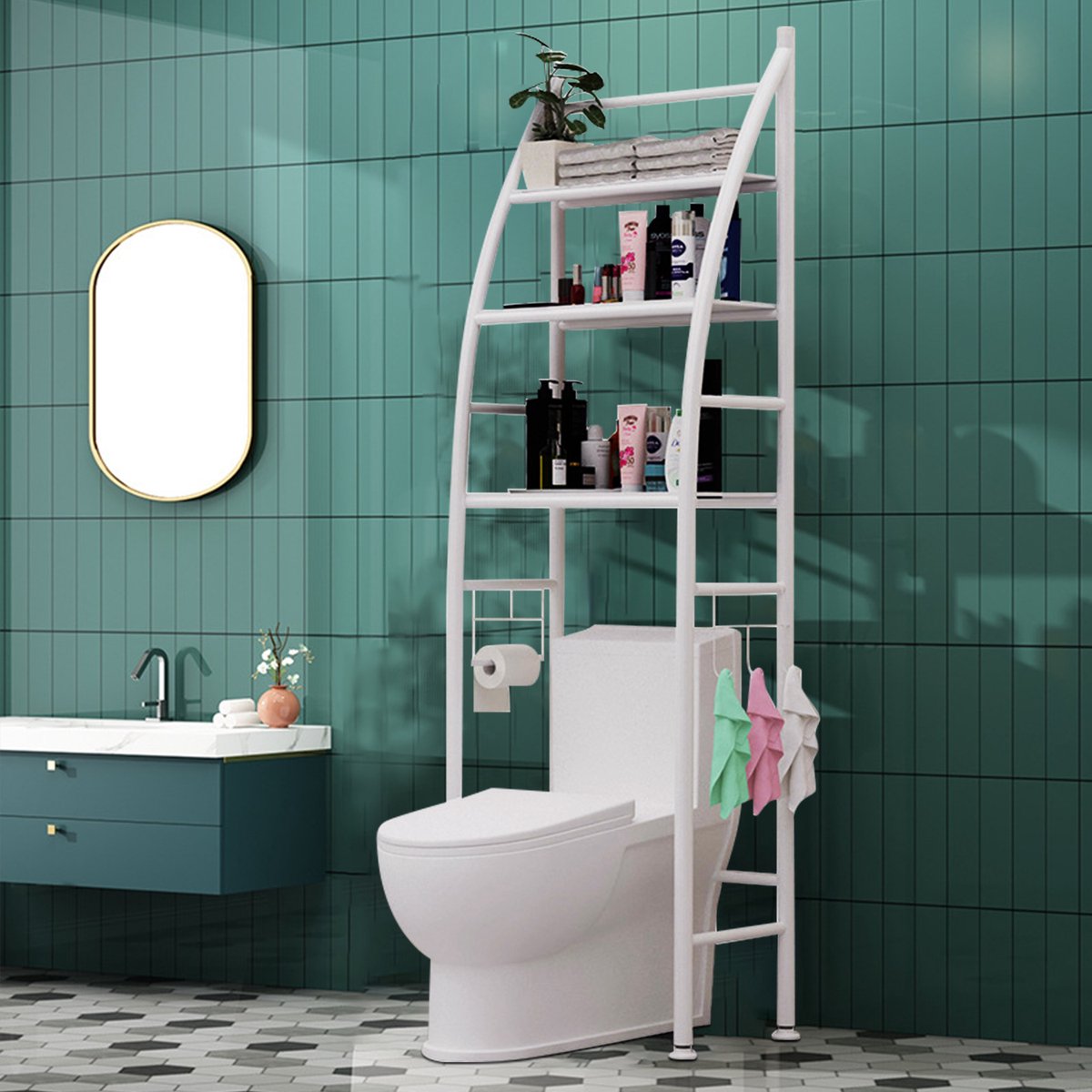 CHIWIN Badkamerrek Zonder Boren – 3-Lagen Staand WC Rek 166x50cm – Vrijstaand Opbergrek met 3 Haken – Metalen Wasmachinekast – Ruimtebesparend & Waterdicht