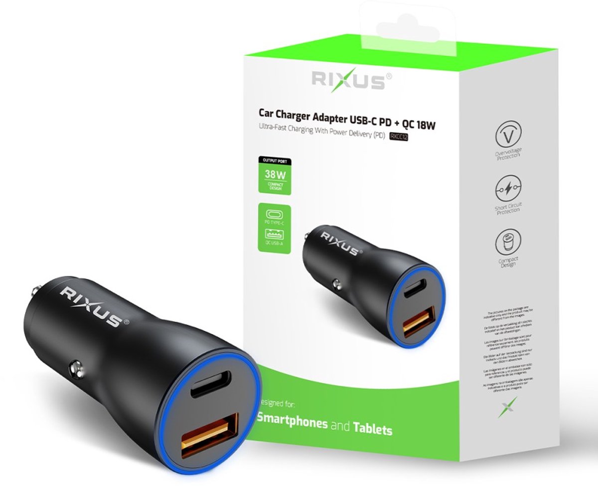 Rixus RXCC12 USB-C PD+QC3.0 Car Charger 38W Black