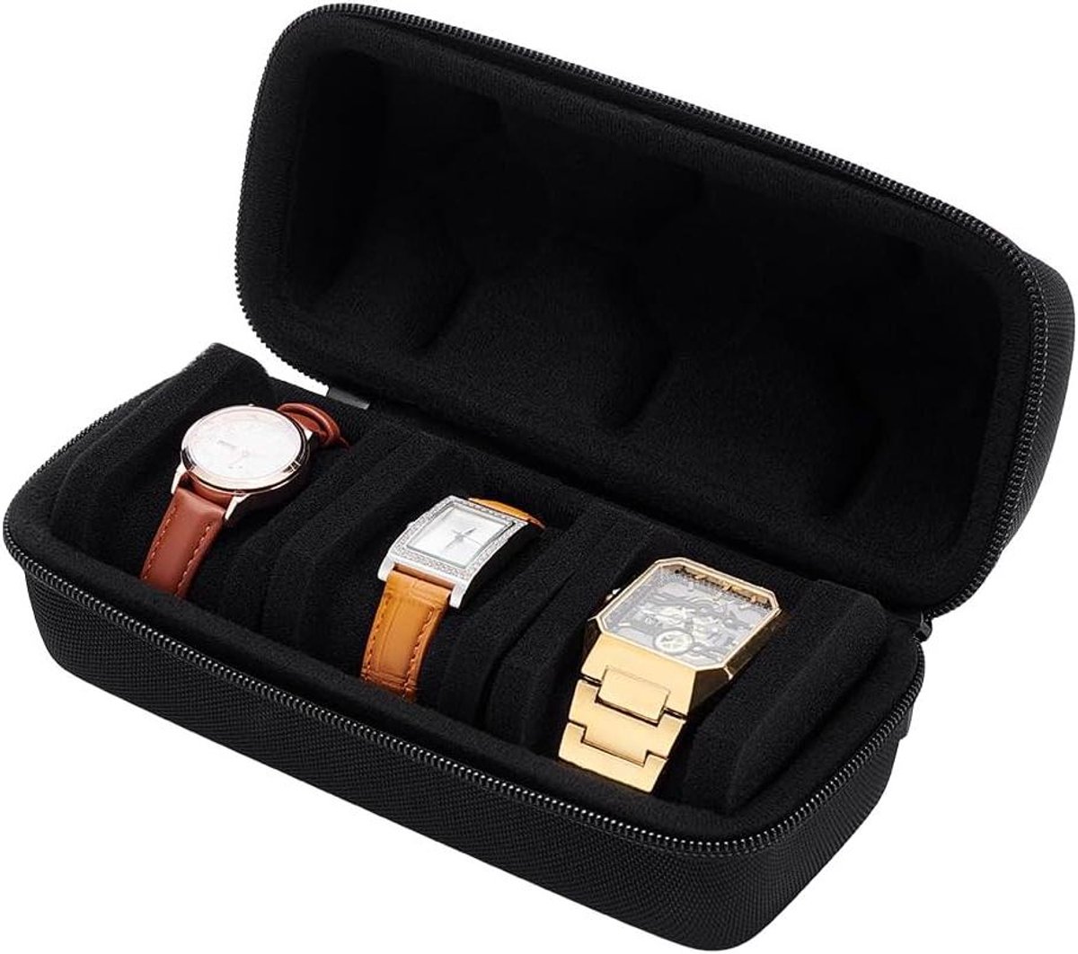 Allecto Premium: Horloge Case met 3 sleuven voor reizen en opslag - Luxe Horloge Roll Case met Draagtas - Zwart Horloge Box voor Mannen - Handige Opslag Organizer met Anti Move Kussen