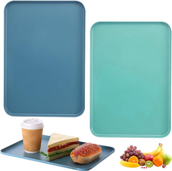 Lot De 2 Petits Plateaux Rectangulaires Antidérapants – 30,5 X 22 Cm – Bleu Et Vert – Idéal Cuisine, Café, Service Rapide