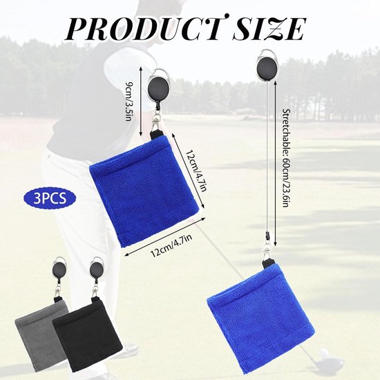 3 stuks - Golfbal Handdoek - Golftas Amfibie Handdoeken - met intrekbare gesp - Zachte en delicate golfhanddoek - Duurzame golfclubreiniger - voor fitness, buitensporten - 12*12 cm - zwart, blauw en grijs van Merkloos — afbeelding 5