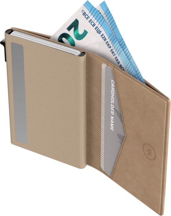Prowallet Slim – Porte-cartes RFID - Beige – Portefeuille compact pour 8 cartes et billets – Porte-cartes coulissant en aluminium et simili cuir – Coffret cadeau de luxe – Homme & Femme