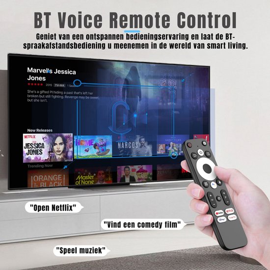 Hand houdt een afstandsbediening voor een TV met de serie Jessica Jones, tekst overlays.