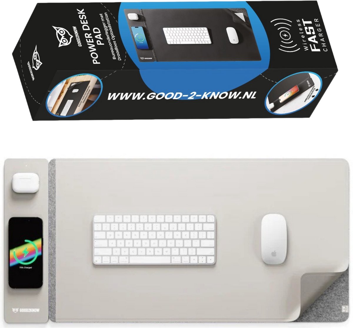 Good2know XXL muismat met 20W draadloze Qi-oplader – waterdicht & anti‑slip bureaumat - Grijs