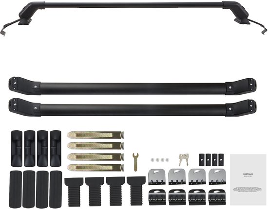 Ensemble complet de barres de toit noires et d'accessoires, y compris les pièces de montage et les instructions.