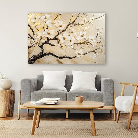 Elegante bloesemtakken met gouden accenten - Bloesem glazen schilderij - Wanddecoratie glas bloemen - Impressionisme - Acrylglas schilderij - Acrylkunst op glas - acrylglas 75x50 cm