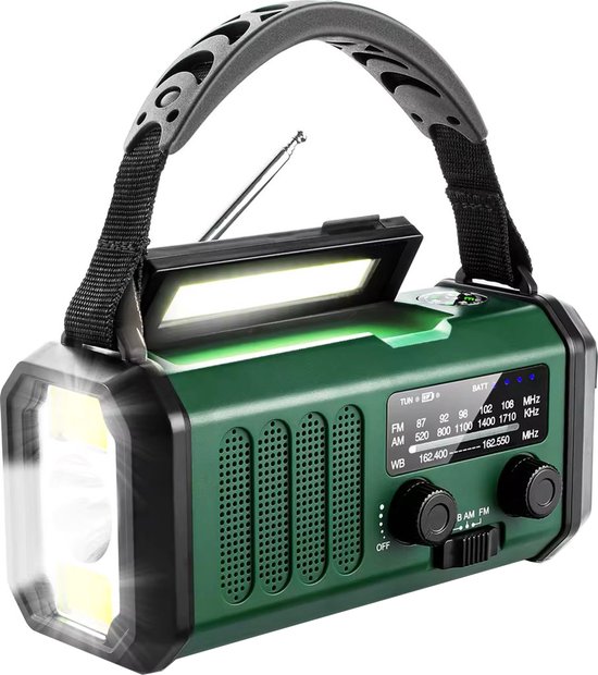 Noodradio - Solar Opwindbaar 10.000mAh - MODEL 2025 - Solar powerbank Zonneenergie - Survival Noodpakket - Zaklamp Oplaadbaar - Noodpakket – Noodrantsoen - Groen