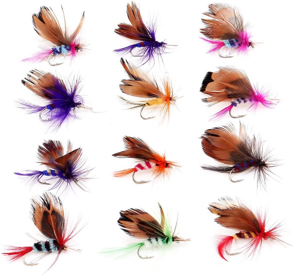 Allecto Plus - 12 stuks Handgemaakte Vlinder Vliegvissen Lokken voor Bass, Panfish, Forel en Zalm