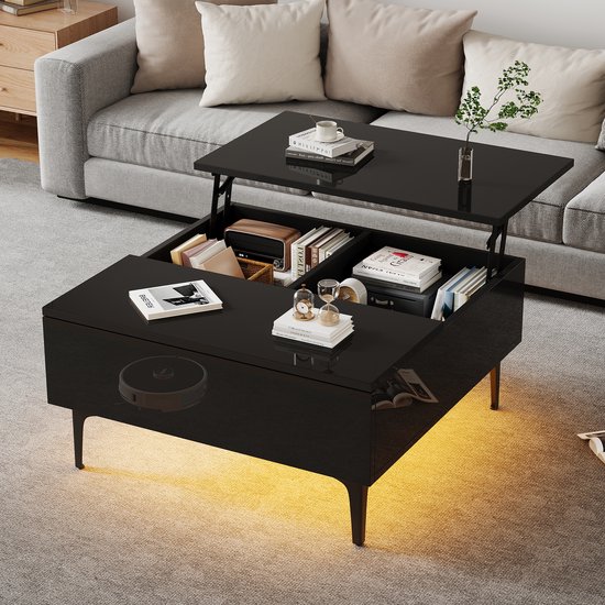 Table basse 70x70x35cm - réglable en hauteur - avec rangements cachés et étagères - table de salon noire brillante - bureau LED - table de canapé avec tiroirs