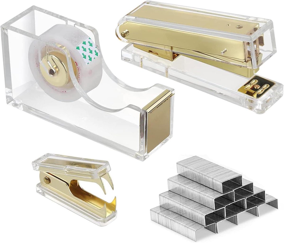 Allecto Plus - Nietmachine en nietjes set voor kantoor - Acryl nietmachine met 1000 nietjes en tapehouder - Kantooraccessoires in goudkleur