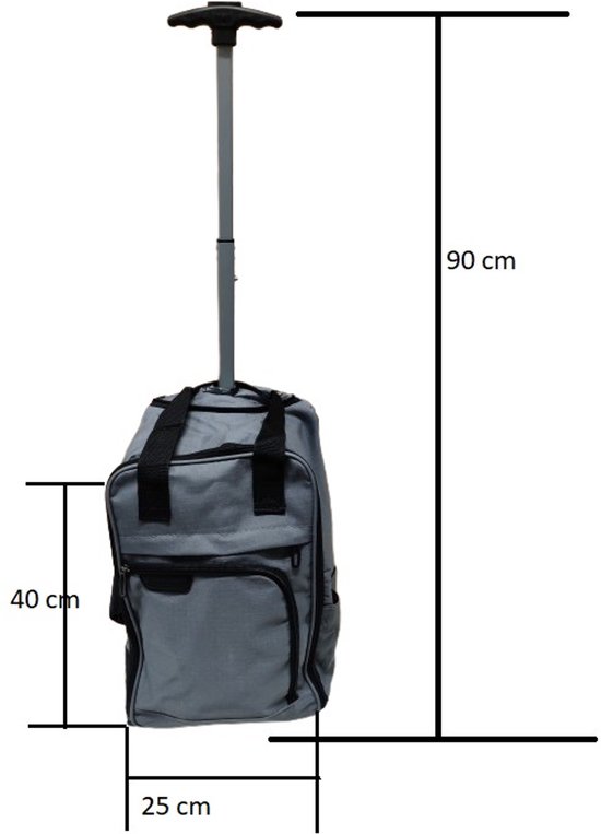 Grijze trolley met uitschuifbaar handvat, handvatten aan de bovenkant. Afmetingen: 40x25x90 cm.