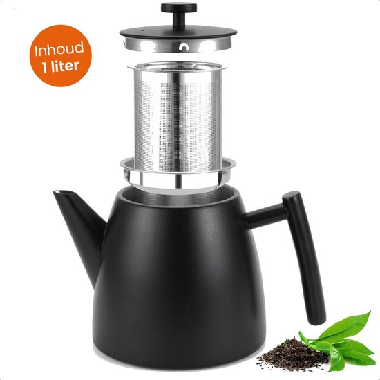 Goliving Theekan met Filter - 1 Liter - Theepot - Dubbelwandig - RVS - Thee Infuser - Mat - Zwart