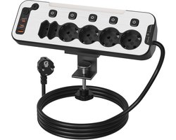 StayPowered Tafelstopcontact - Geen Gedoe Meer met Kabels - 6-Voudig Stopcontact - USB-C 20W Snel Laden - Overspanningsbeveiliging 2100J - Afzonderlijk Schakelbaar - RVS Voorpaneel - Tafelmontage met Klem - Zwart - Levering Sneller dan Aangegeven!