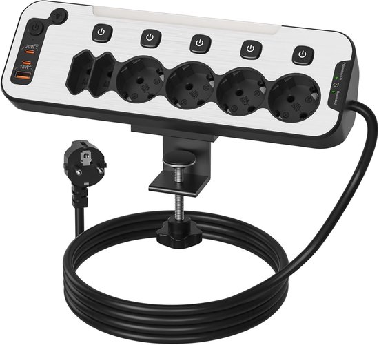 StayPowered Tafelstopcontact - Geen Gedoe Meer met Kabels - 6-Voudig Stopcontact - USB-C 20W Snel Laden - Overspanningsbeveiliging 2100J - Afzonderlijk Schakelbaar - RVS Voorpaneel - Tafelmontage met Klem - Zwart - Levering Sneller dan Aangegeven!
