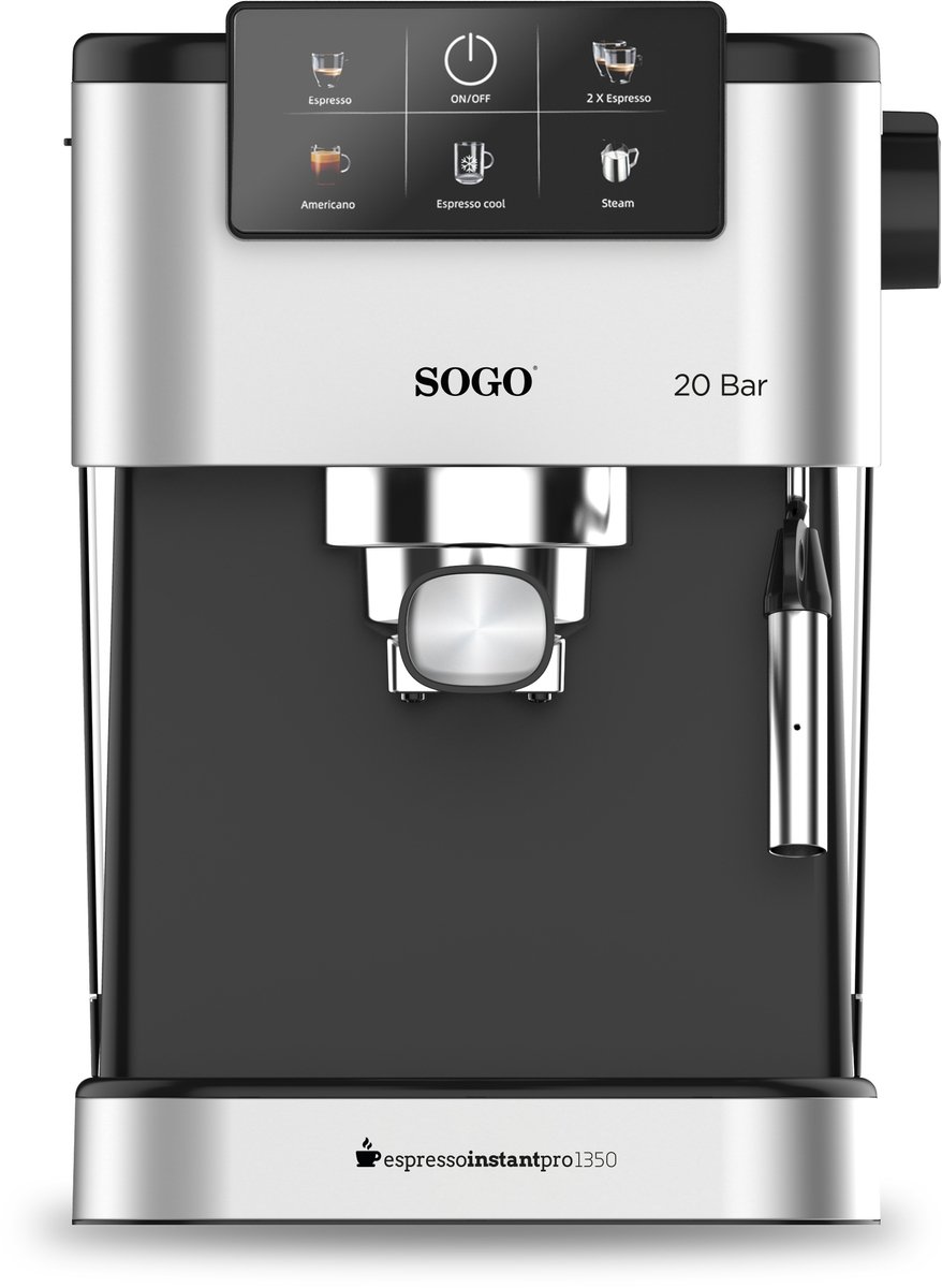 SOGO Espressomachine met Stoompijpje - Koffiemachine Geschikt voor Cups, Pads en Gemalen Koffie - 5 soorten Koffie - Digitaal Display - 20 Bar / 1350W