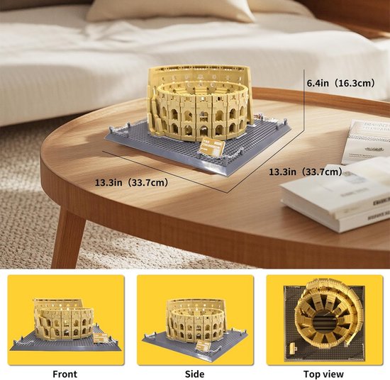 Gouden Colosseum model op grijze grondplaat met afmetingen. Weergaven van voren, zijkant en boven.