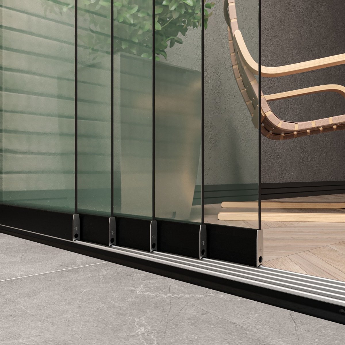 Kellux - Glazen Schuifdeursysteem voor Terrasoverkapping of Veranda - 5 deurs systeem 5 x 82 cm - Breedte 398 cm - Hoogte 220 cm - mat zwart (RAL 9005) - Helder glas