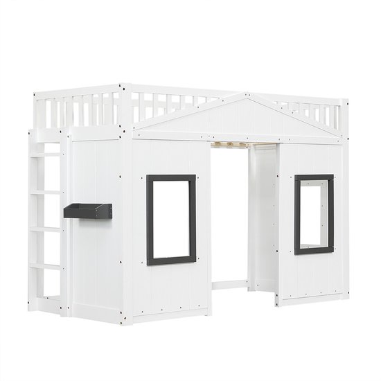 Lit superposé Pugsdrly, lit cabane avec marches, protection antichute et barre de sécurité, lit enfant avec fenêtre, lit gigogne autoportant, structure en pin, pin et MDF, blanc