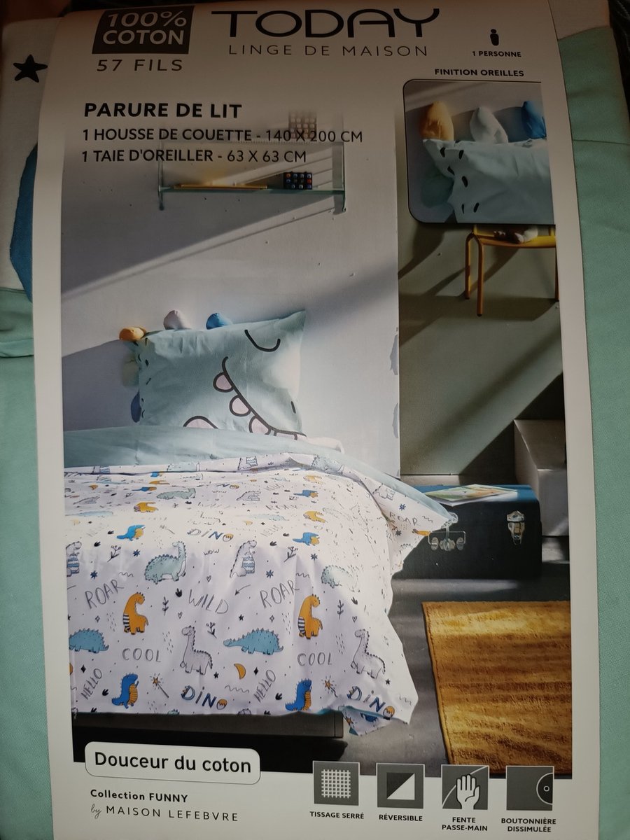 Dekbedovertrek " DINO" 140 X 200 met kussensloop 100% katoen ---Housse de couette "DINO" 140 X 200 avec taie - 100% coto,