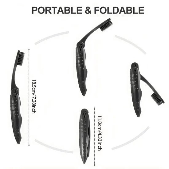 Zwarte opvouwbare tandenborstel, getoond in open en gesloten posities, met afmetingen 18.5cm en 11.0cm.
