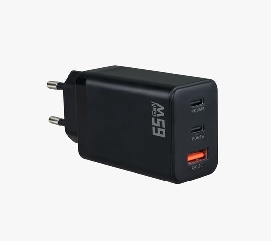 Een zwarte 65W GaN snellader met twee USB-C PD poorten en één USB-A QC 3.0 poort.