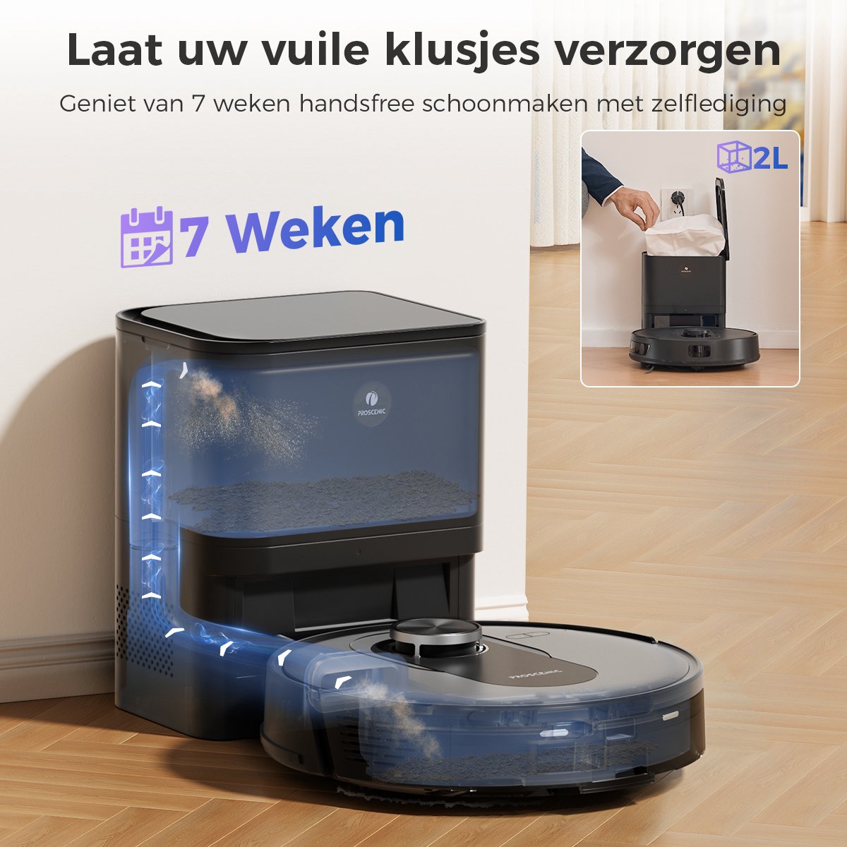 Afbeelding 3 van Proscenic Q8 Max - Robotstofzuiger met Dweilfunctie - Robotstofzuiger met Reinigingsstation - 6,000 Pa Zuigkracht - Objectdetectie en Vermijding - Automatisch Leegstation - LiDAR Navigatie