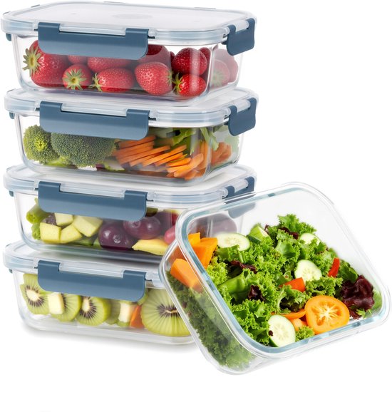 Blue Liberty - Vershoudbakjes Glas met Deksel 5 stuks - 1L - Meal Prep Bakjes - Diepvriesbakjes - Geschikt voor Vriezer, Magnetron en Oven - Luchtdicht - BPA Vrij - Glas