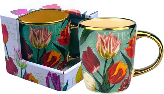Koffiekopjes set van 2 - Tulpen - Koffiekopjes met oor 150 ml - Hollandse cadeautjes - Nederland cadeau - Souvenir