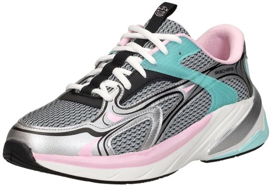 Zij-aanzicht van een Skechers S2K sneaker in zilver, roze en mintgroen met witte veters.