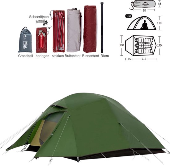 Cloud Up 3 Upgrade - Naturehike - Tente 3 personnes - Léger - Incl. tapis de sol gratuit - 20D 4000MM - Imperméable - Randonnée & Marche