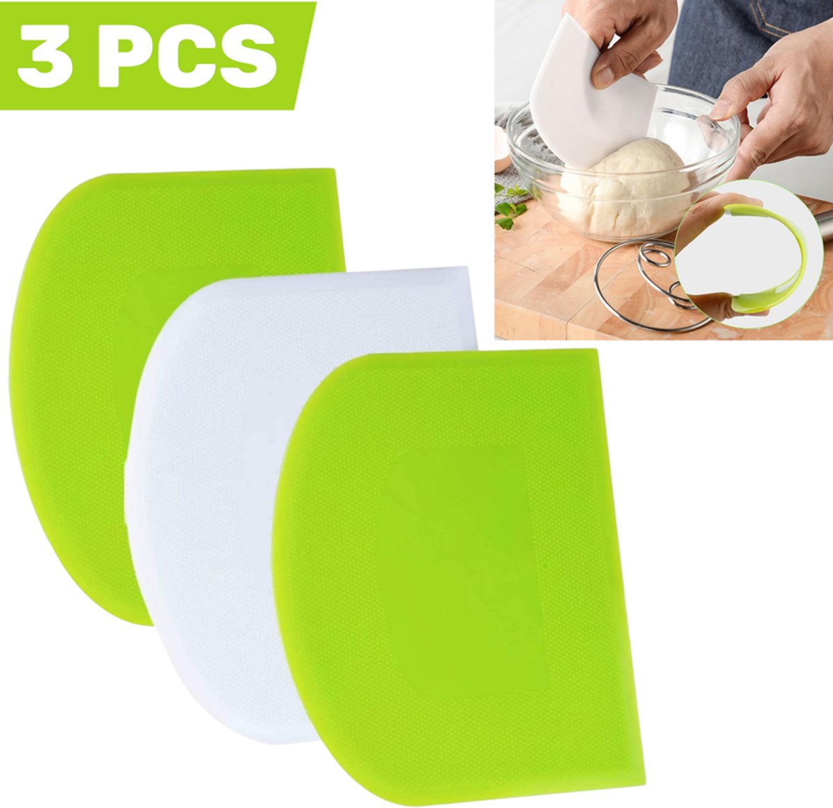 3 stuks - Schrapers - Plastic Deeg- en Taartschrapers - Groen en Wit - Handige snij- en schraapgereedschappen voor het bakken - Perfect voor het gladstrijken van botercrème, het snijden van deeg en het schoonmaken van werkbladen - 11,7 x 9,3 cm