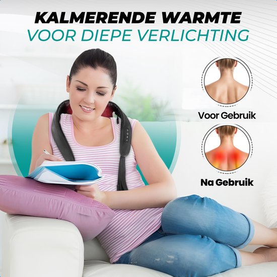 Vrouw die met nekmasseermachine in de nek schrijft en tekent. Vergelijking voor en na gebruik met rode gloed op de nek. "Kalmerende warmte."