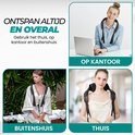 Collage van een vrouw die de nekmasseermachine gebruikt op kantoor, buiten en thuis. "Ontspan altijd en overal."
