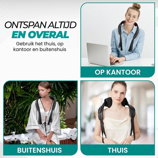 Collage van een vrouw die de nekmasseermachine gebruikt op kantoor, buiten en thuis. "Ontspan altijd en overal."