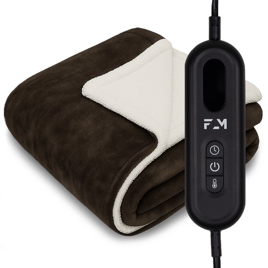 FlowMotion Elektrische Warmtedeken 180x130cm - Bruin/Wit - Elektrische Deken met 9 Warmtestanden - Fluweel zachte Bovendeken met Timer - 160W