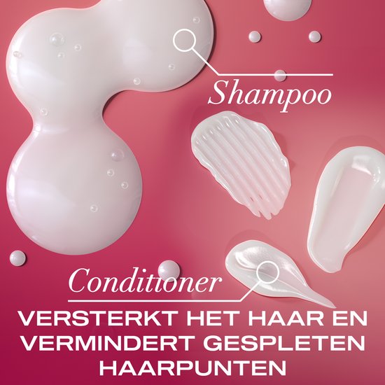Kleurrijke illustratie van shampoo en conditioner, met tekst "Shampoo", "Conditioner", "Versterkt het haar en vermindert gespleten haarpunten".