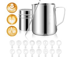 Cappuccino sjablonen - melkopschuimer - koffie - Melkkannetje (met Art Pen) - 350 ml Melkopschuimkannetje + Latte Art Naald + Poederblik + 16 Vormpjes